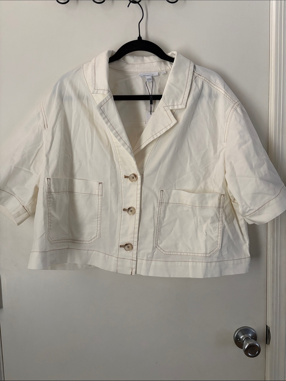 Chico's NWT Soft-Stretch Short Cotton Shacket Jacket Ecru Size 3 XL Old Money